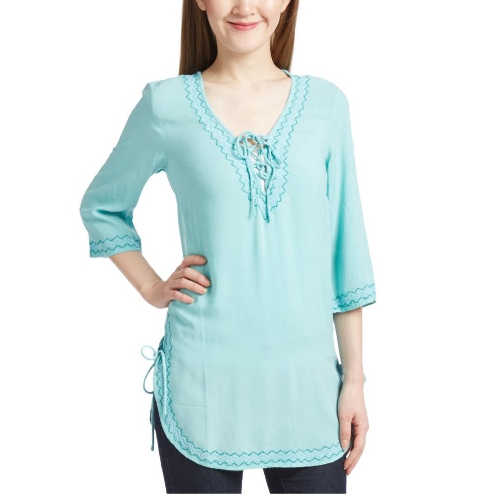 Sincerely Mary Jade Chevron Embroidered Rayon Top